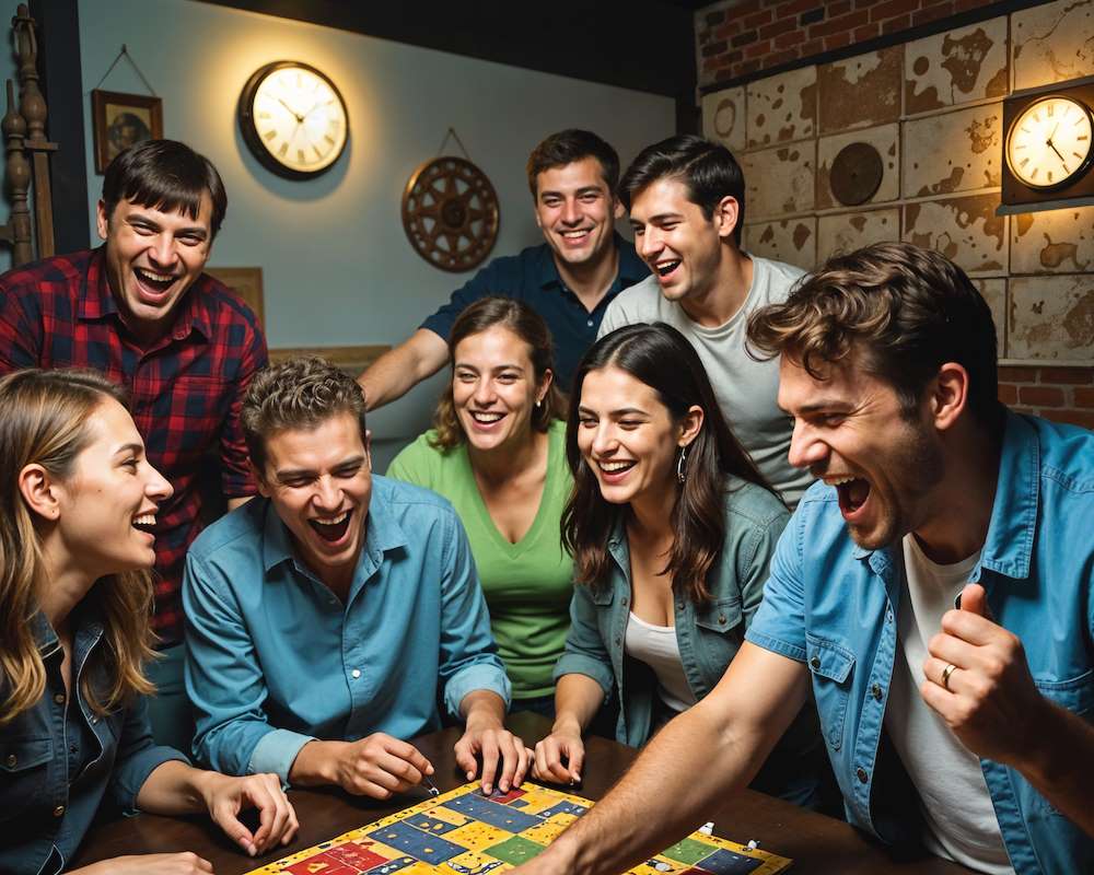 a group of people laughing playing a board game in mystery escape room in ahmedabad