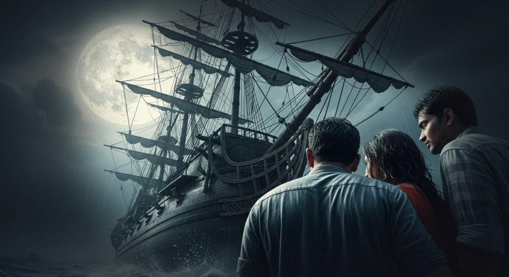 Players looking up at Grimbeard's ghost ship in our pirate mystery room in Ahmedabad.