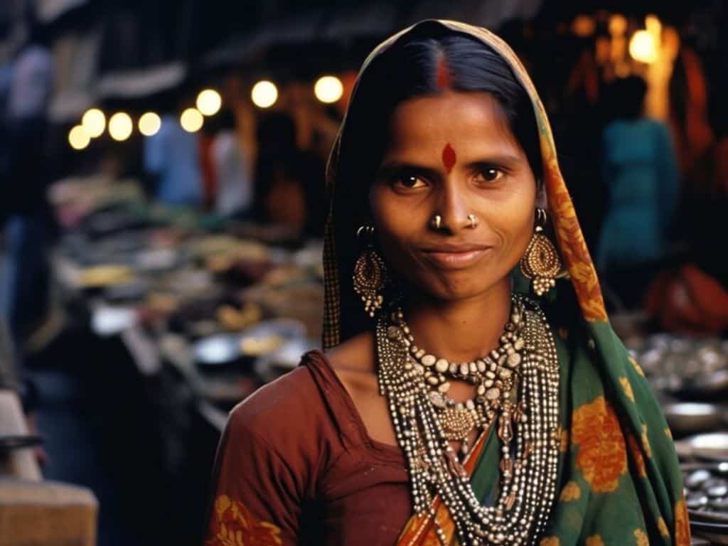 Smiling Indian woman in traditional attire and jewelry at Patan market in Gujarat