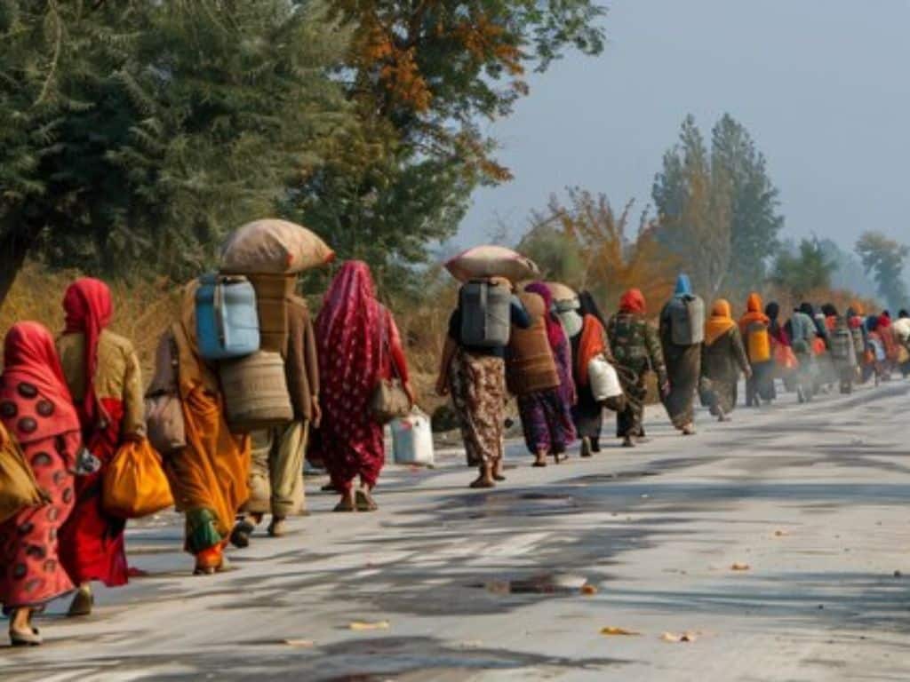 Group of pilgrims in colorful attire walking towards Palitana temples in Gujarat
