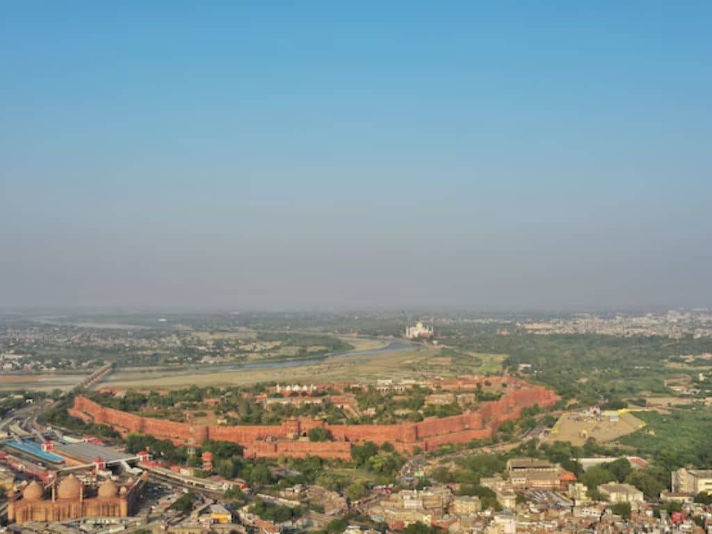 Aerial panoramic view of historic red fort and city landscape in Gujarat