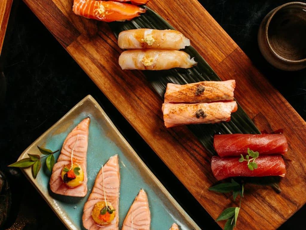 Assorted sushi platter at a fine dining Asian restaurant in Ahmedabad.