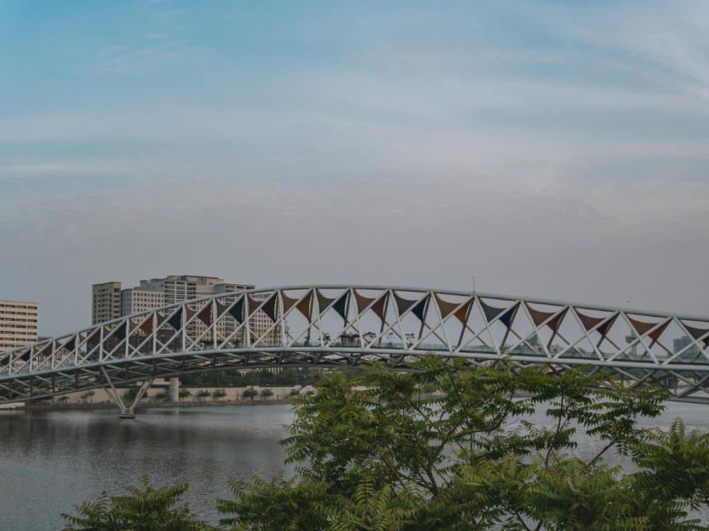 Sabarmati Riverfront view with Atal Pedestrian Bridge in Ahmedabad.