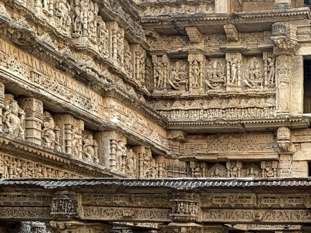 Intricate stepwell carvings near Ahmedabad historic architecture in Gujarat