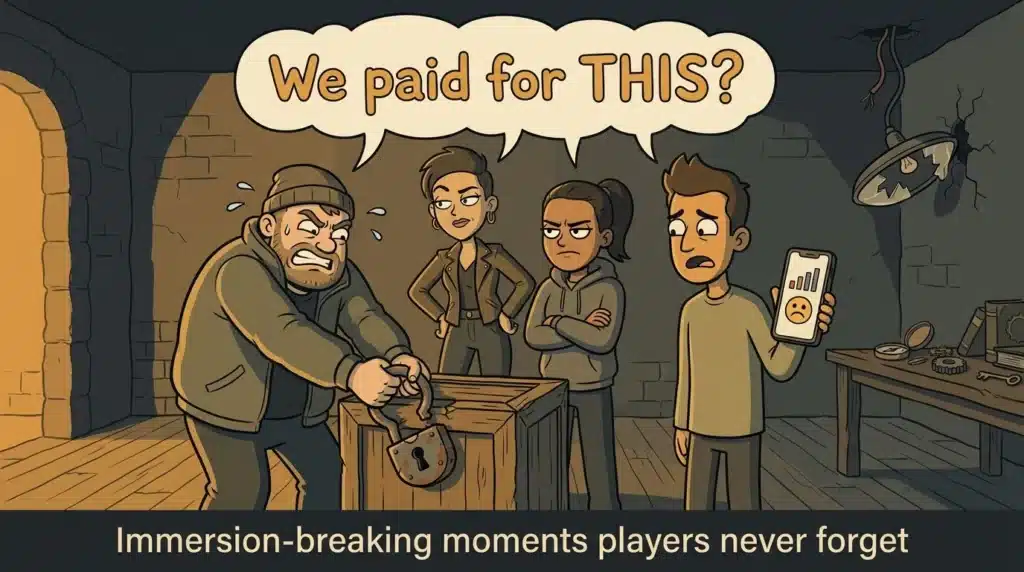 Cartoon group of four frustrated people tugging a jammed padlock in a dark escape room, thought bubble reading 'We paid for THIS?'