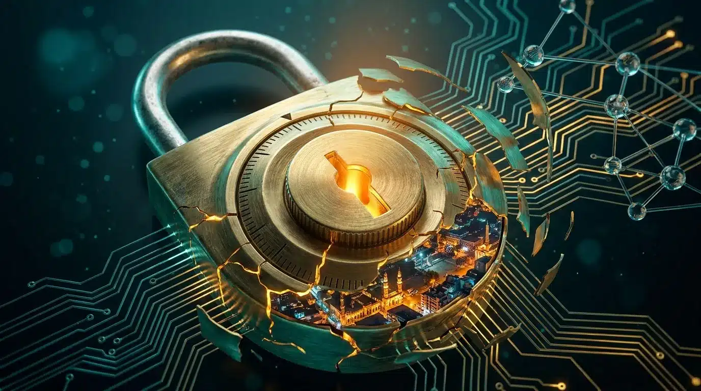 Vintage combination lock cracking open, its face dissolving into glowing circuit pathways, with a miniature Ahmedabad cityscape visible inside, amber keyhole light