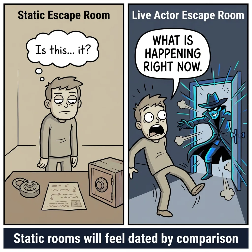 Two-panel cartoon comic: bored person surrounded by dusty padlocks thinks 'Is this... it?' vs same person backing away in shock as villain actor bursts through hidden door