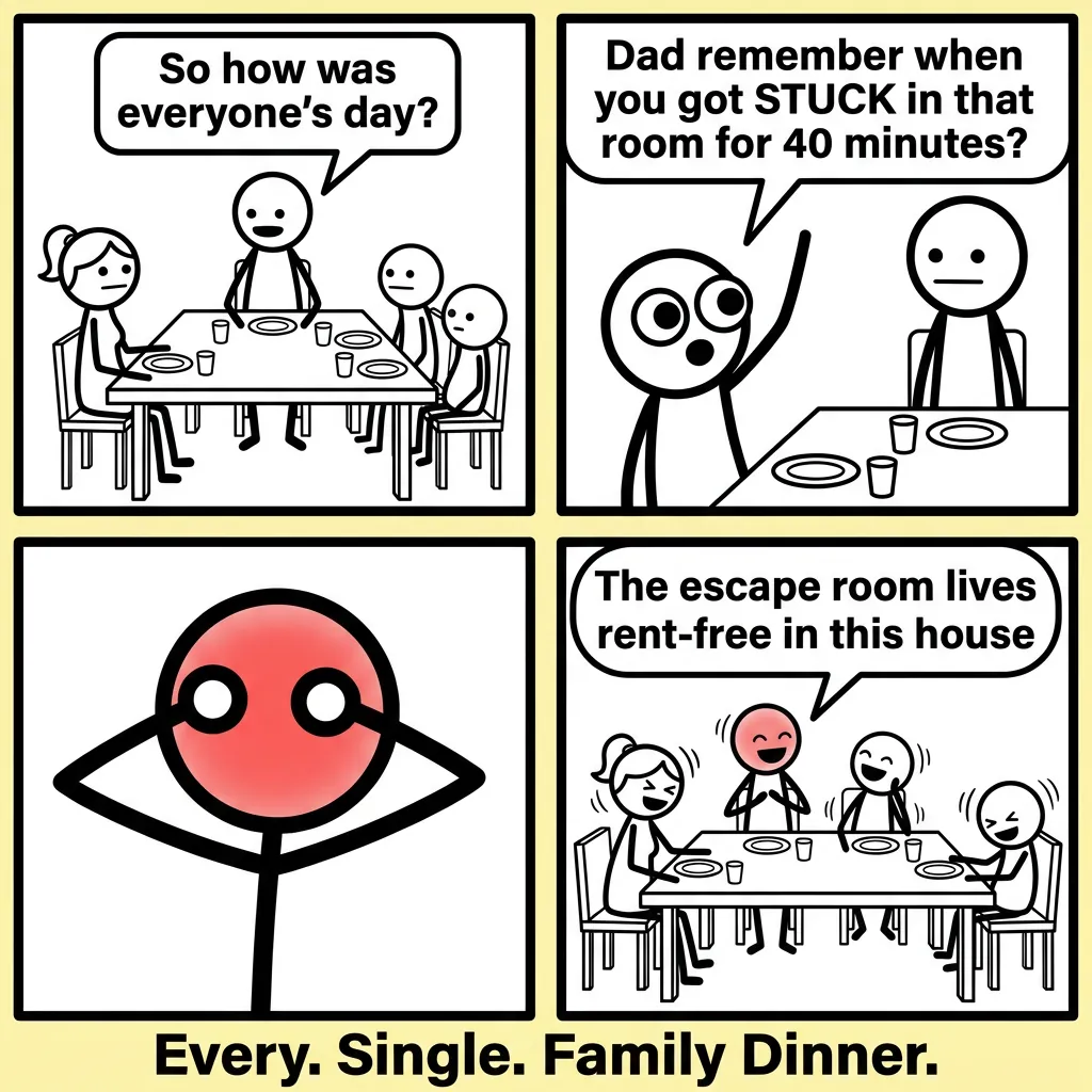 4-panel stick figure meme comic: family at dinner table, kid teases dad about getting stuck in escape room, dad covers embarrassed red face, family laughs
