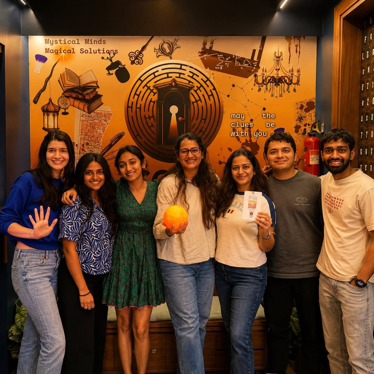 Group of eight posing in front of the keyhole mural after their game