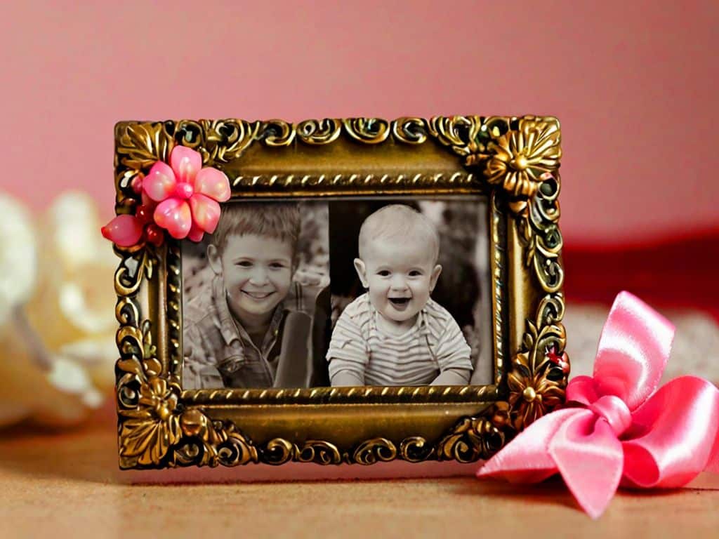 Decorative gold photo frame with a sibling photo and pink ribbon, a personalised rakhi gift idea in Ahmedabad from Escape Zone