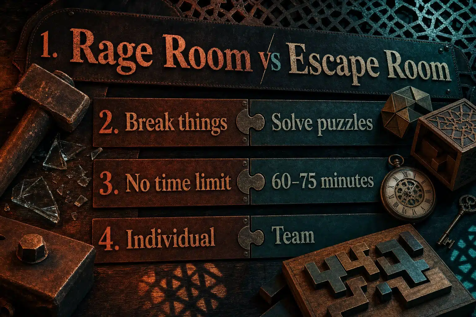 Side-by-side comparison of rage rooms and escape rooms