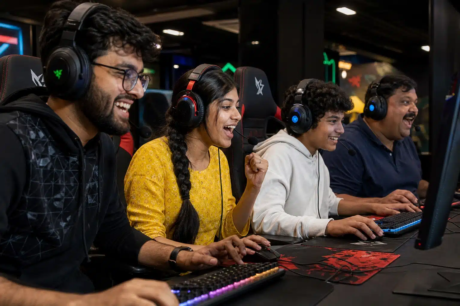 People playing on gaming setups.