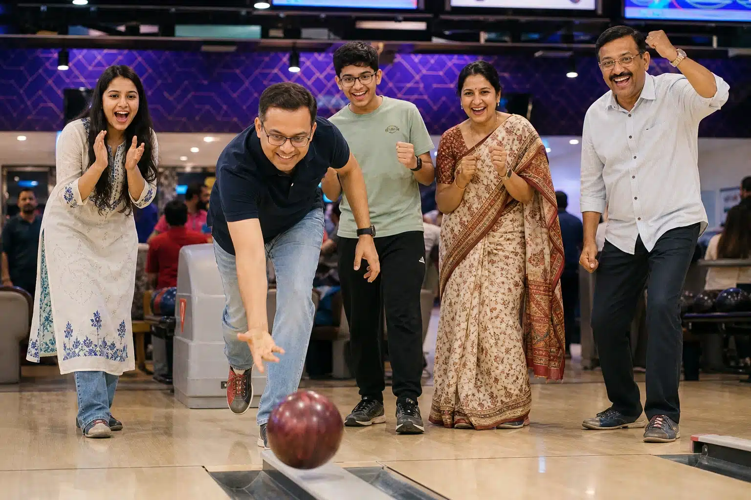 People bowling together at a busy bowling alley.