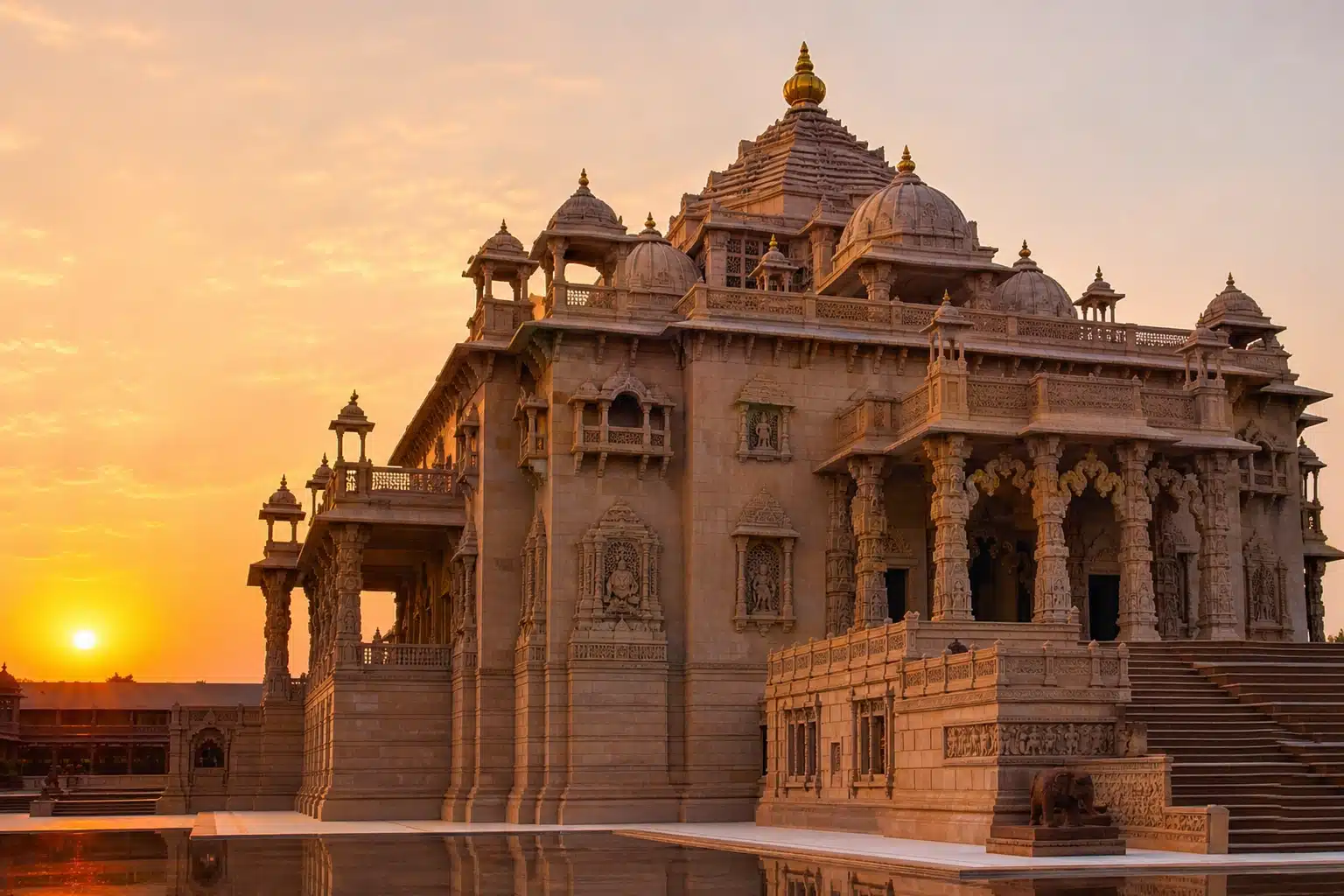 The intricately carved facade of Akshardham Temple